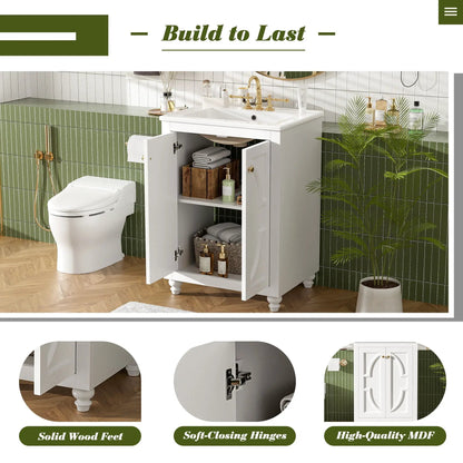 Bathroom vanity with ornate elliptical motif, white cabinet, soft-close hinges, gold hardware on Tampa Home & Garden Store
