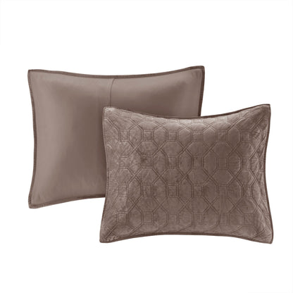 Taupe velvet 3 Piece Quilt Set Full/Queen with two shams, one smooth and one quilted on Tampa Home & Garden Store