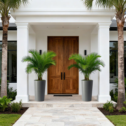 Planter For Outdoor: pair of tall grey planters by HouseOfZazla with palms at a white entry on Tampa Home & Garden Store