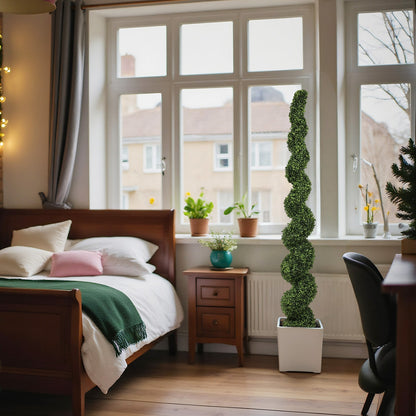7ft spiral topiary artificial green boxwood tree in white square pot by bedroom window on Tampa Home & Garden Store