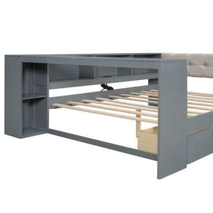Upholstered platform bed with shelves, drawers and charging station in gray by HouseOfZazla on Tampa Home & Garden Store
