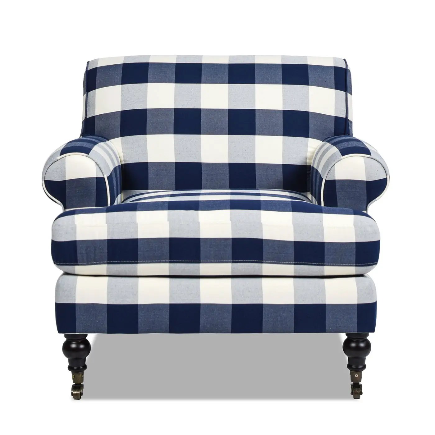 Alana Lawson Accent Arm Chair navy white gingham upholstery with casters on Tampa Home & Garden Store