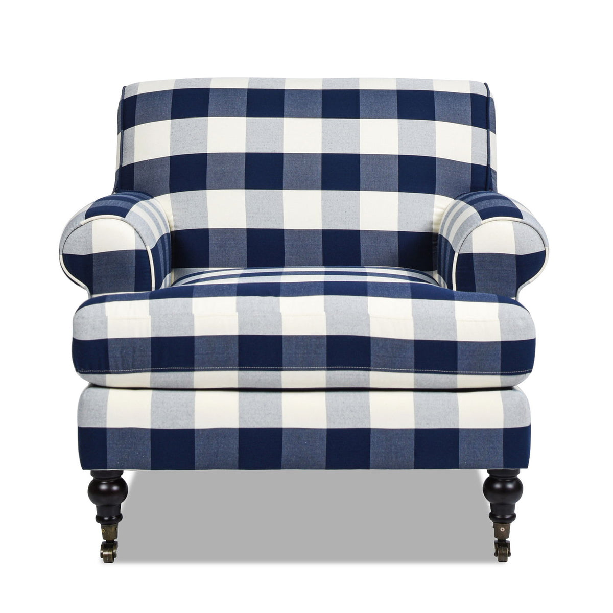 Accent Arm Chair with Casters in blue and white gingham fabric by HouseOfZazla, reversible cushions, on Tampa Home & Garden Store