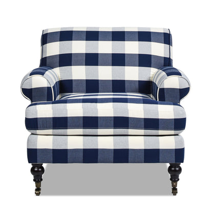 Accent Arm Chair with Casters in blue and white gingham fabric by HouseOfZazla, reversible cushions, on Tampa Home & Garden Store