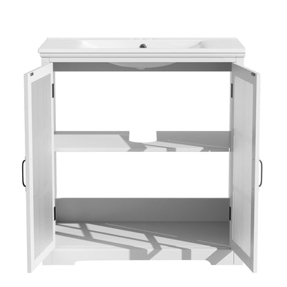Modern bathroom vanity with ceramic sink, white cabinet and open-door storage on Tampa Home & Garden Store