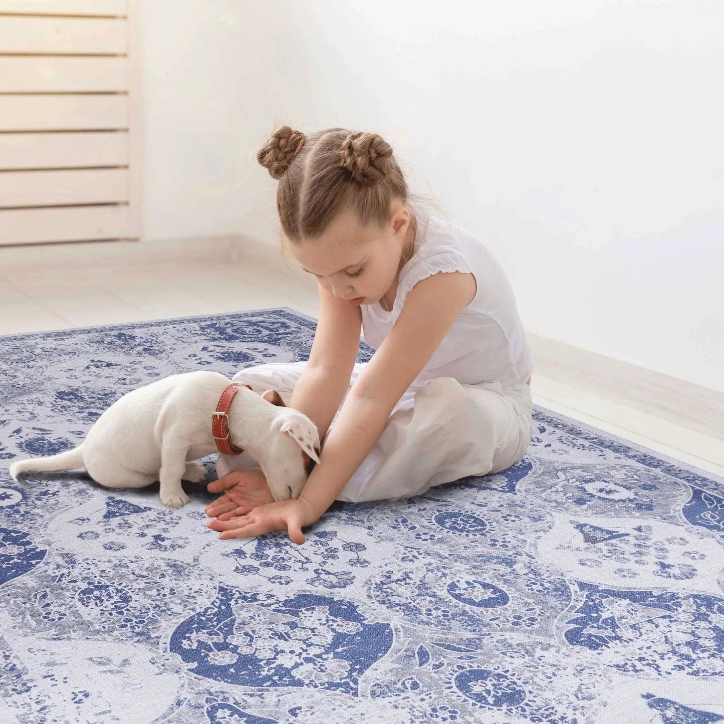 Area rug Maval washable rug by Unique Piece Furniture in blue and ivory floral pattern on Tampa Home & Garden Store