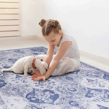 Area rug Maval washable rug by Unique Piece Furniture in blue and ivory floral pattern on Tampa Home & Garden Store
