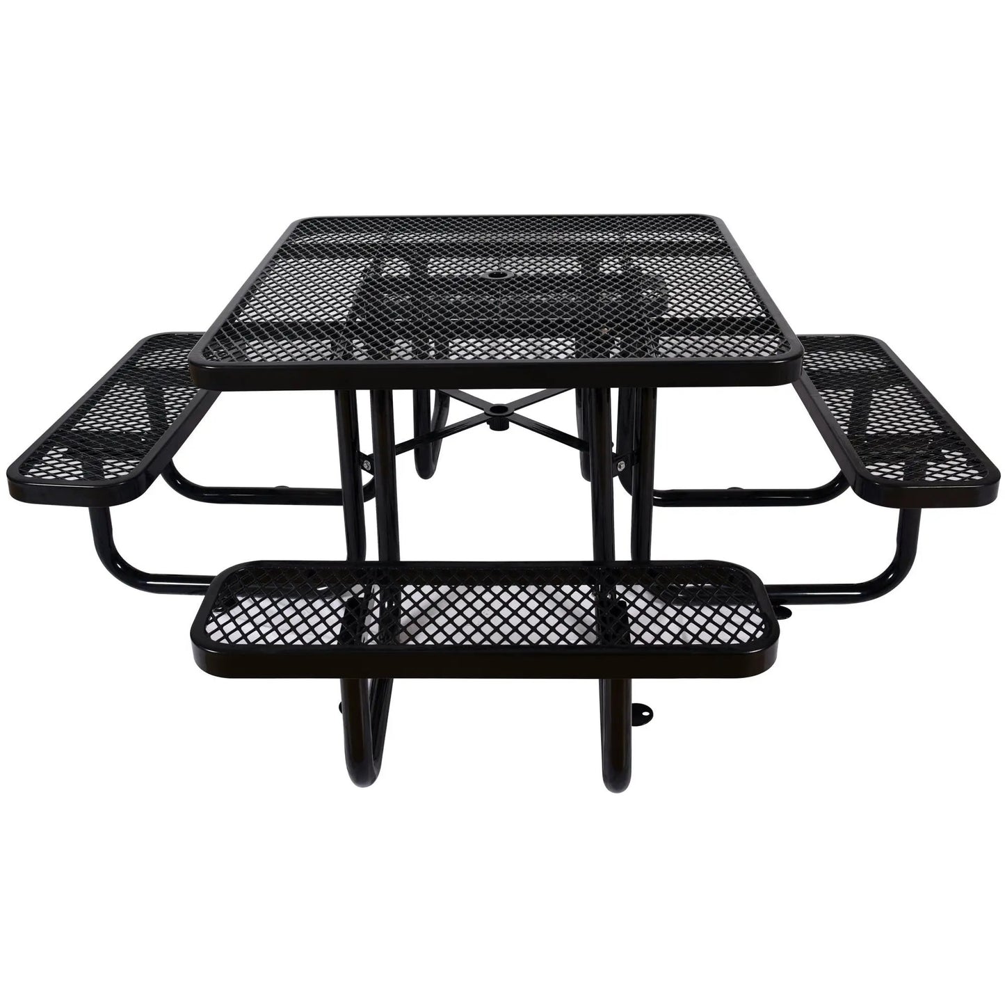 Square outdoor steel picnic table with umbrella hole, black powder-coated mesh top and attached benches on Tampa Home & Garden Store
