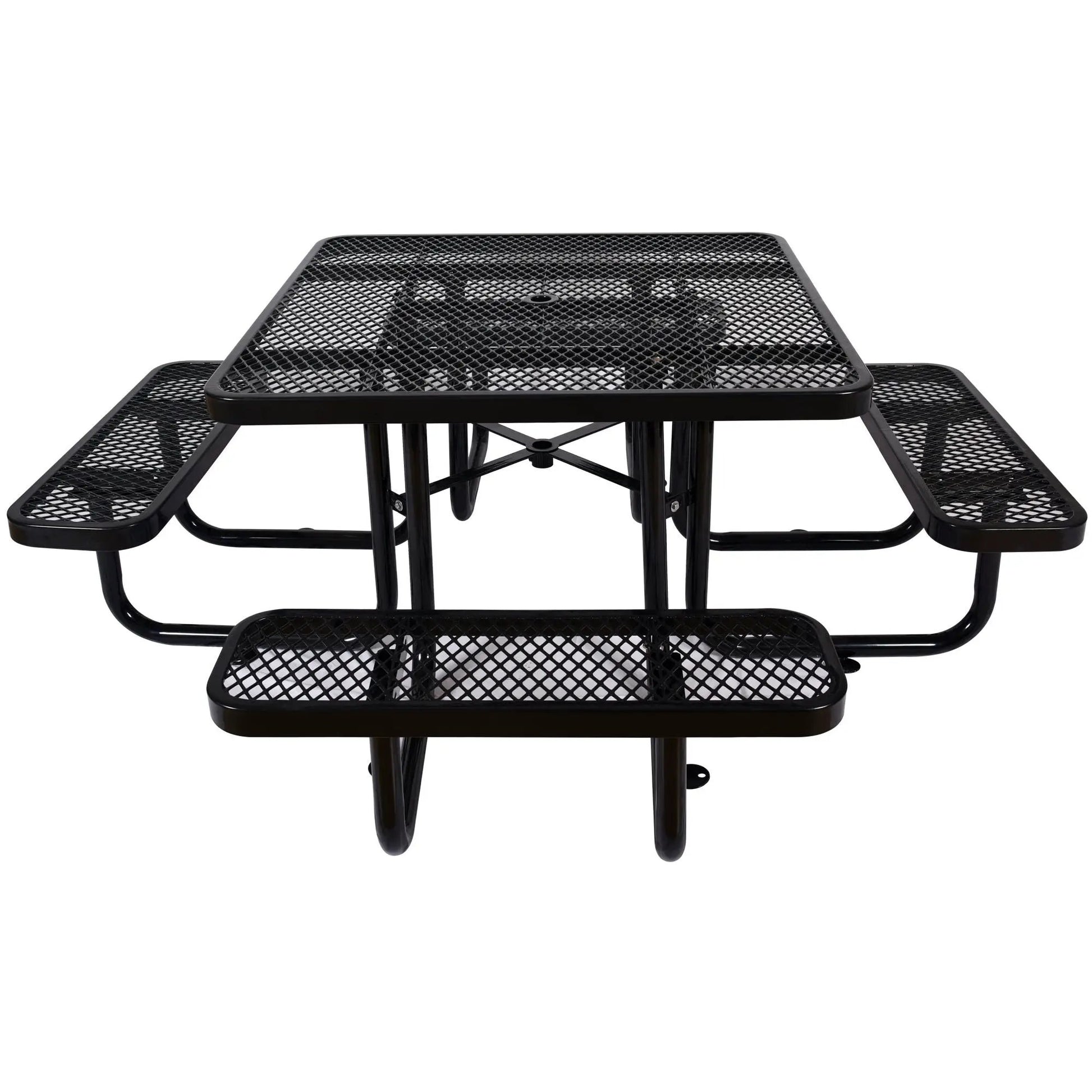 Square outdoor steel picnic table with umbrella hole, black powder-coated mesh top and attached benches on Tampa Home & Garden Store