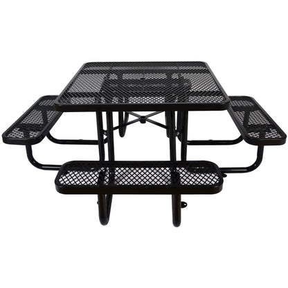 Square outdoor steel picnic table with umbrella hole, black powder-coated mesh top and attached benches on Tampa Home & Garden Store