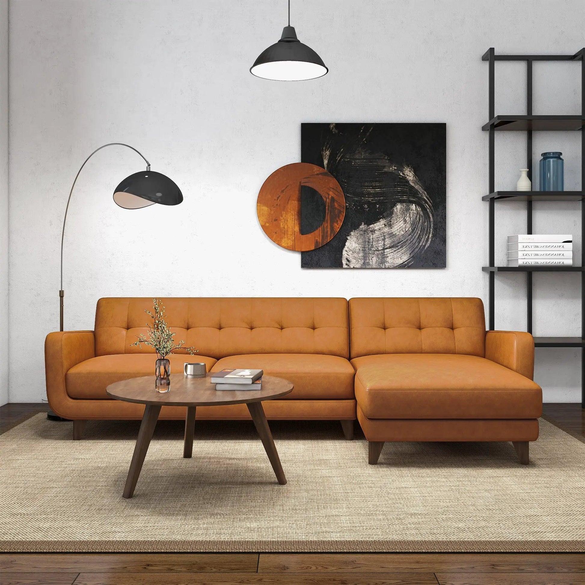 Allison Mid-Century Sectional Sofa Chaise tan leather stationary Unique Piece Furniture on Tampa Home & Garden Store
