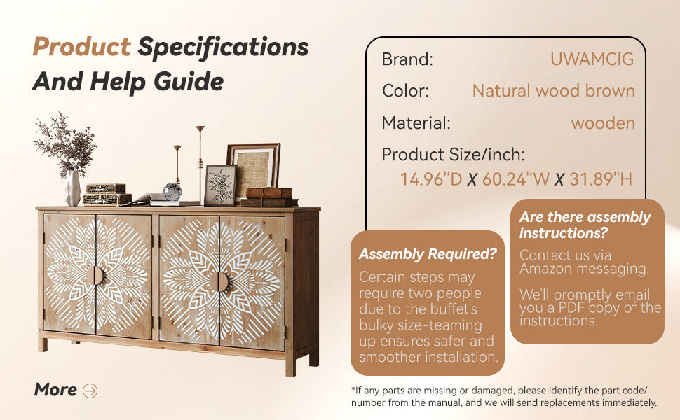60-inch Wood Accent Cabinet with 4 doors brown and antique white; mandala-pattern doors on Tampa Home & Garden Store