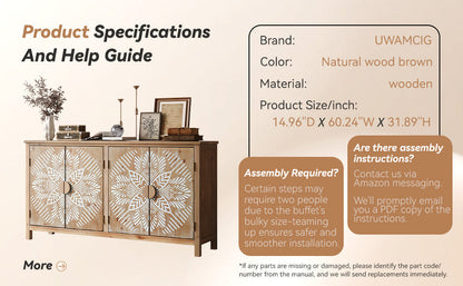 60-inch Wood Accent Cabinet with 4 doors brown and antique white; mandala-pattern doors on Tampa Home & Garden Store