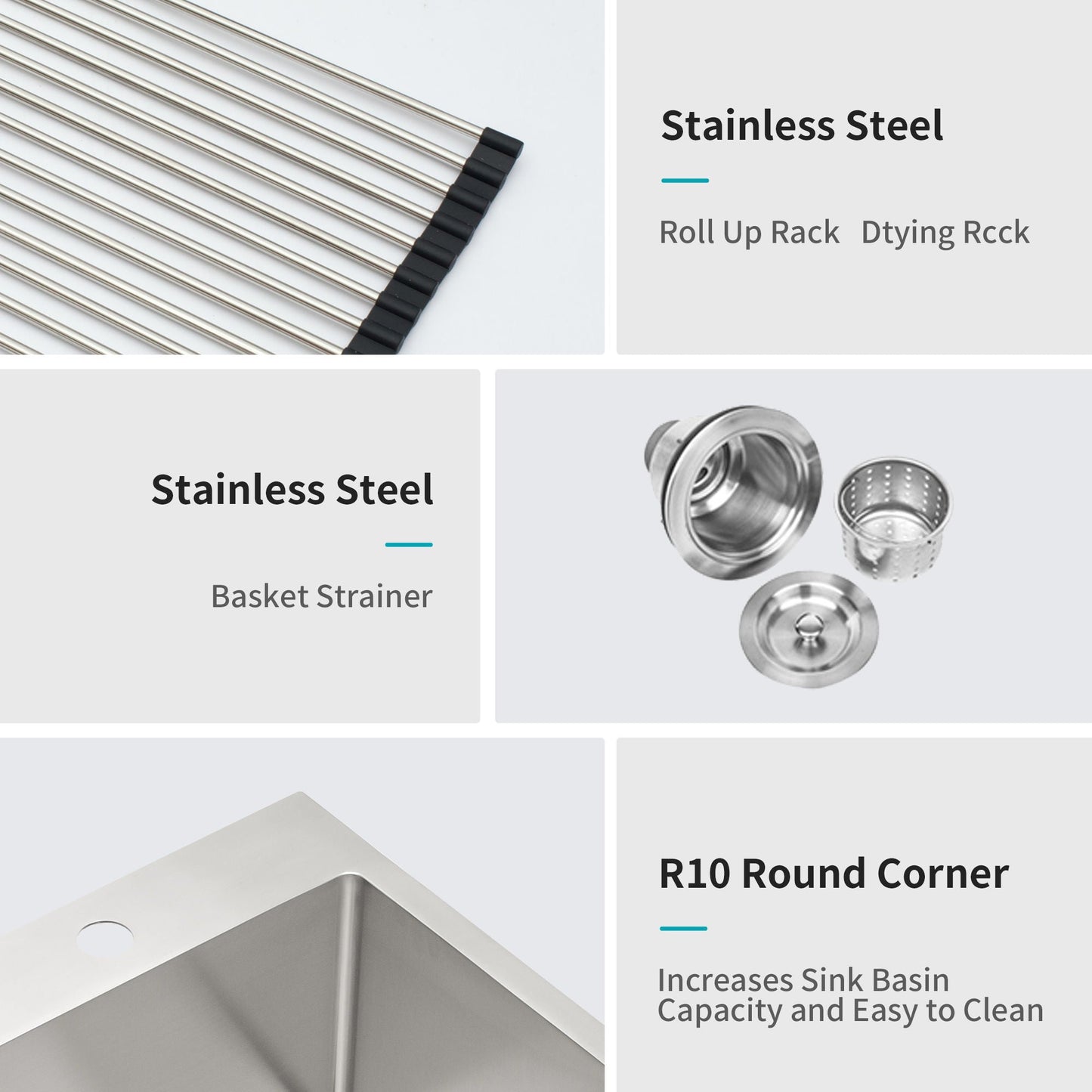 Drop-In Kitchen Sink collage featuring 16 gauge stainless steel single bowl and basket strainers on Tampa Home & Garden Store