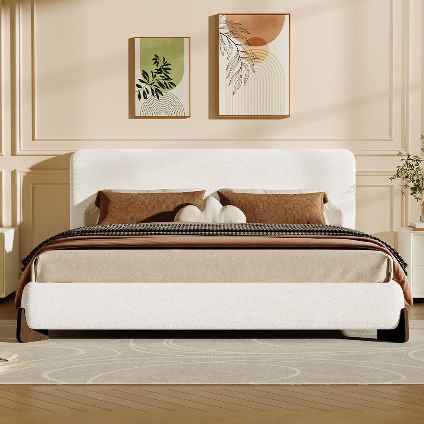 White Boucle Upholstered Bed on Solid Wood Legs