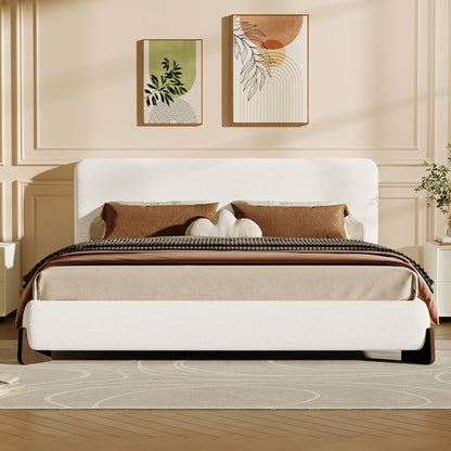 White Boucle Upholstered Bed on Solid Wood Legs