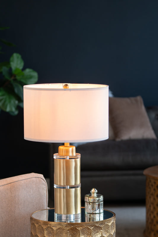 D15x25.5 inch table lamp by HouseOfZazla with gold finish and white fabric shade on Tampa Home & Garden Store