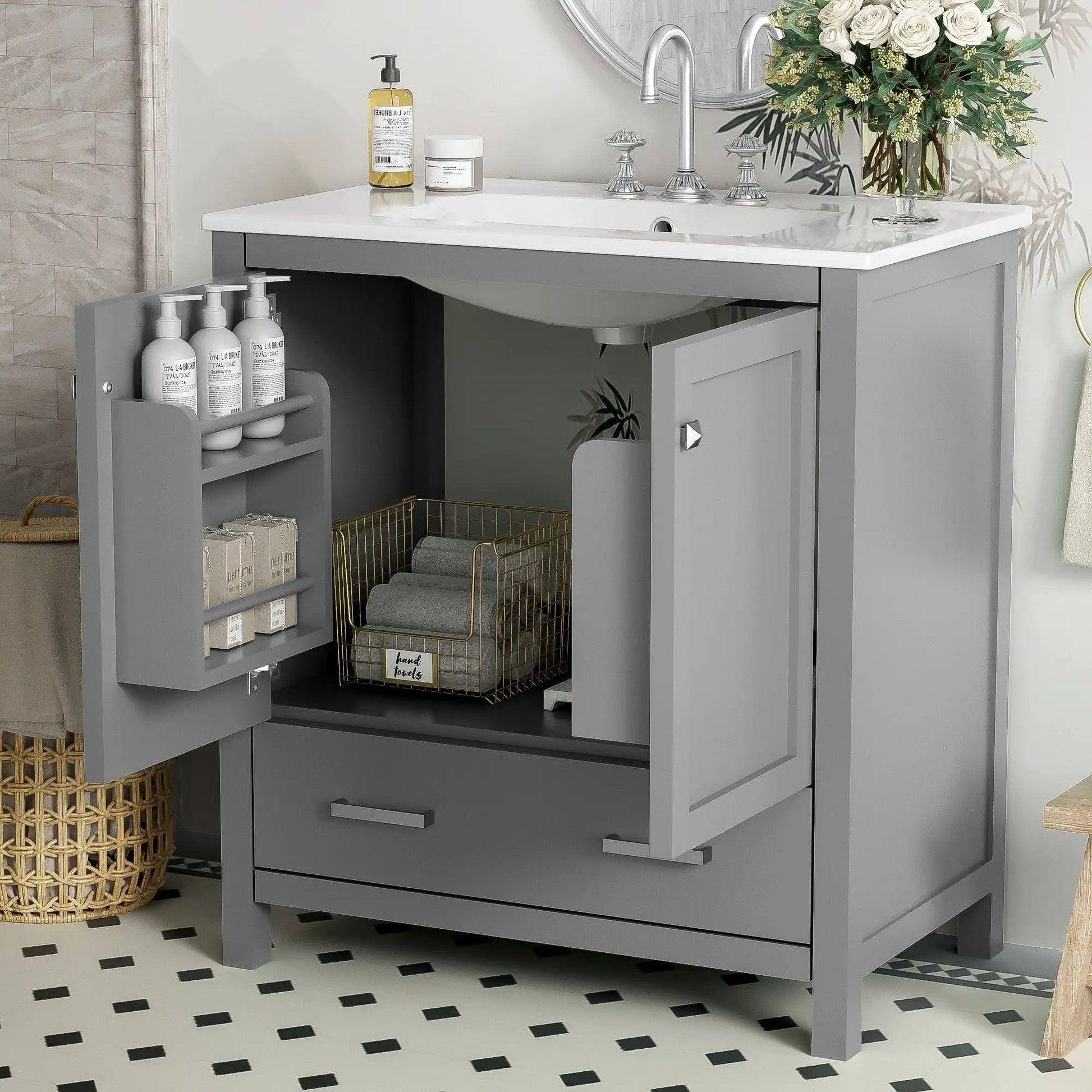 Gray bathroom vanity with undermount sink, cabinet and drawer, solid wood frame on Tampa Home & Garden Store
