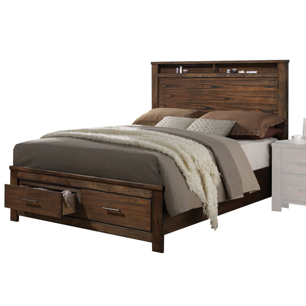 Merrilee Eastern King Bed With Storage - Oak bed with footboard drawers and tall headboard on Tampa Home & Garden Store