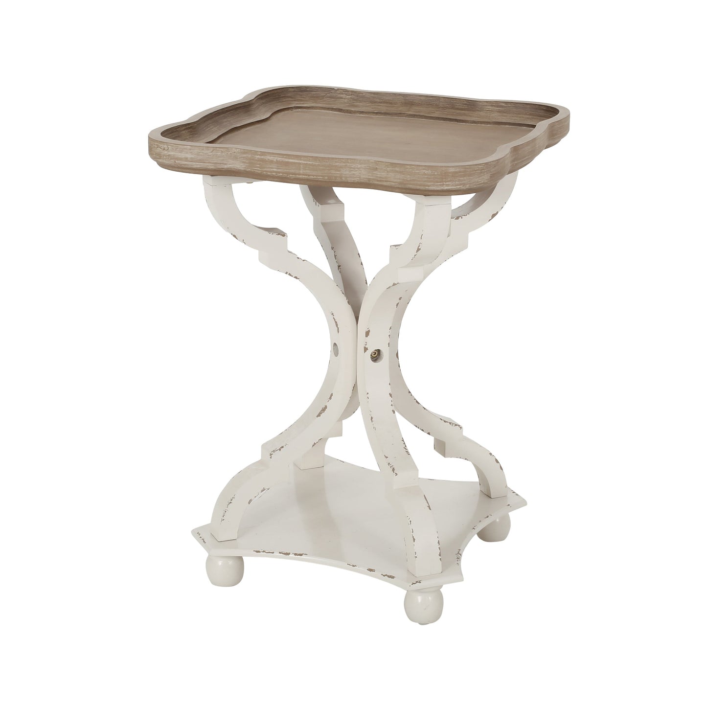 Accent table with hourglass base, white finish and rustic wood top French country design on Tampa Home & Garden Store