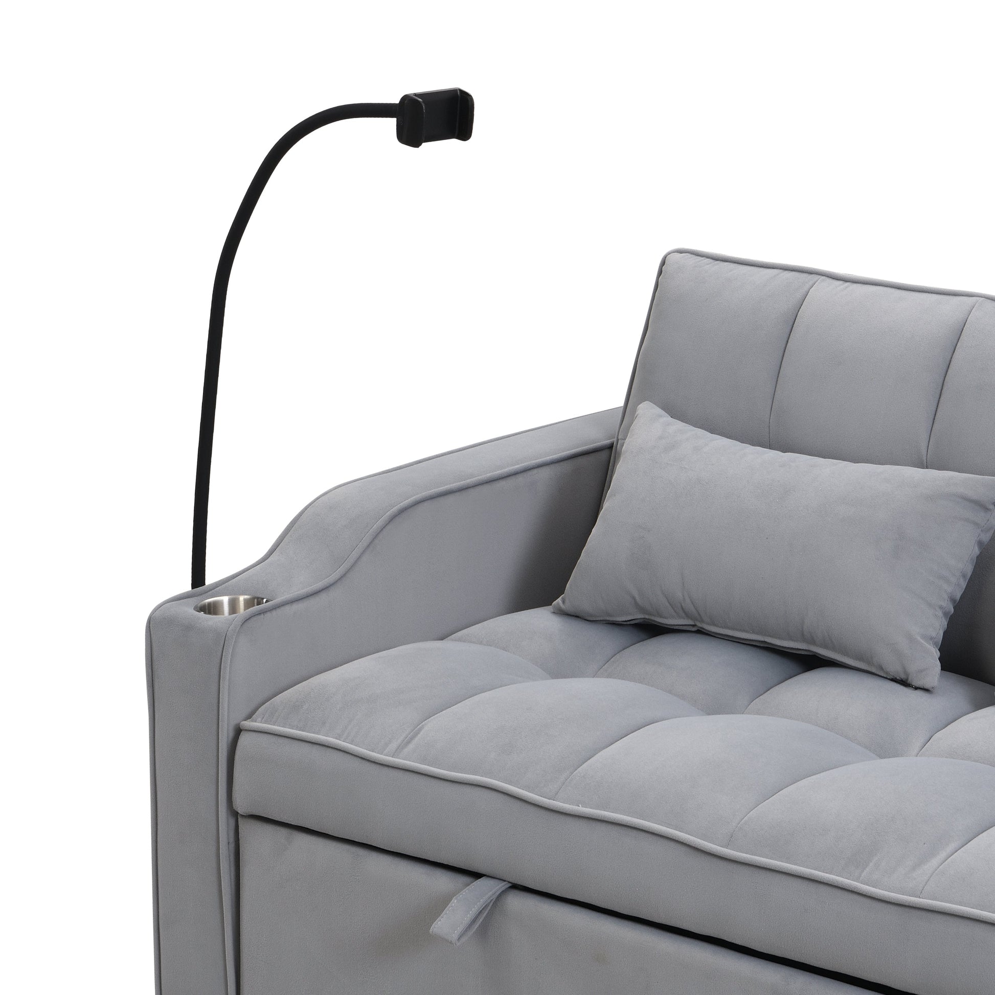 Modern velvet sleeper loveseat by HouseOfZazla in gray with pullout bed and cup holders on Tampa Home & Garden Store