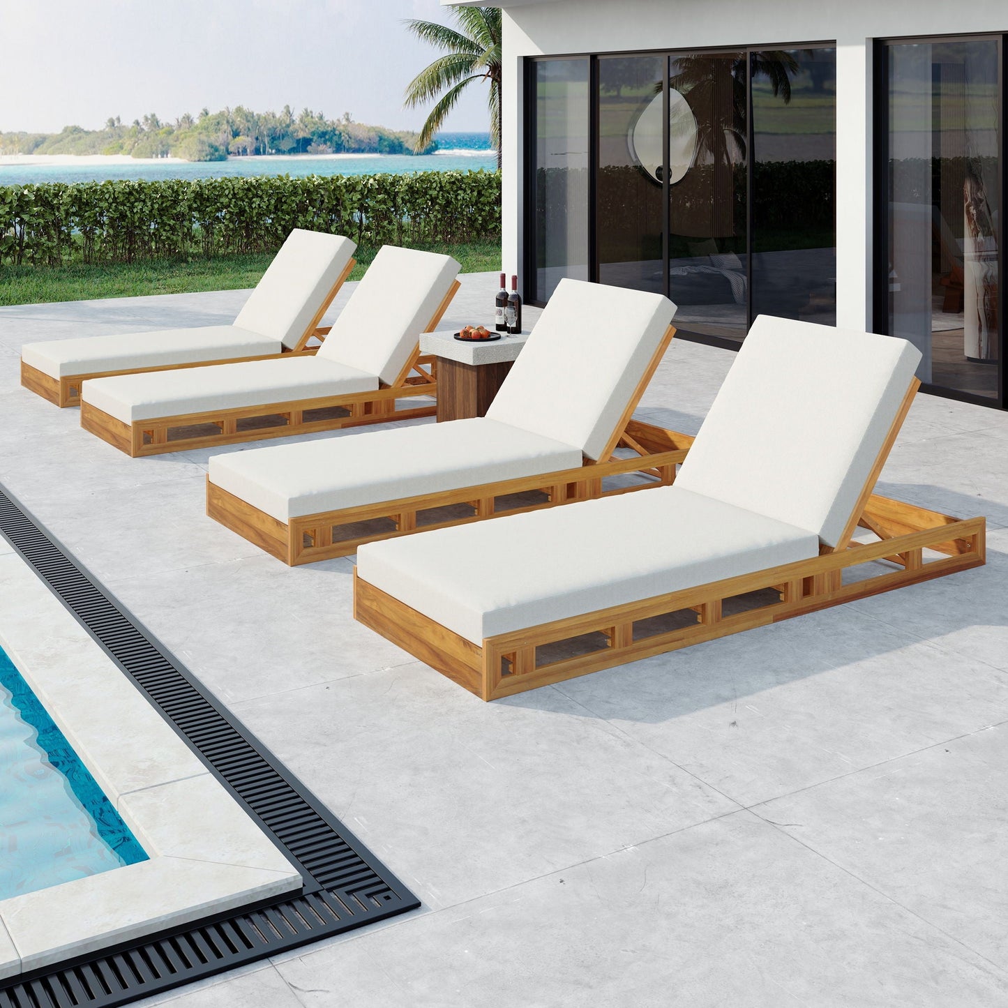 Acacia wood sunlounger set by HouseOfZazla, cream cushions, adjustable recline on Tampa Home & Garden Store