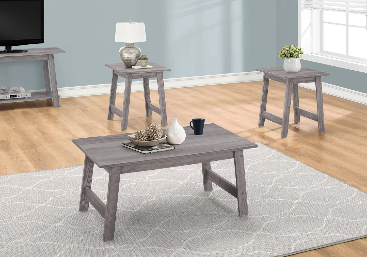 Table set of 3: gray wood coffee and end tables in transitional living room style on Tampa Home & Garden Store