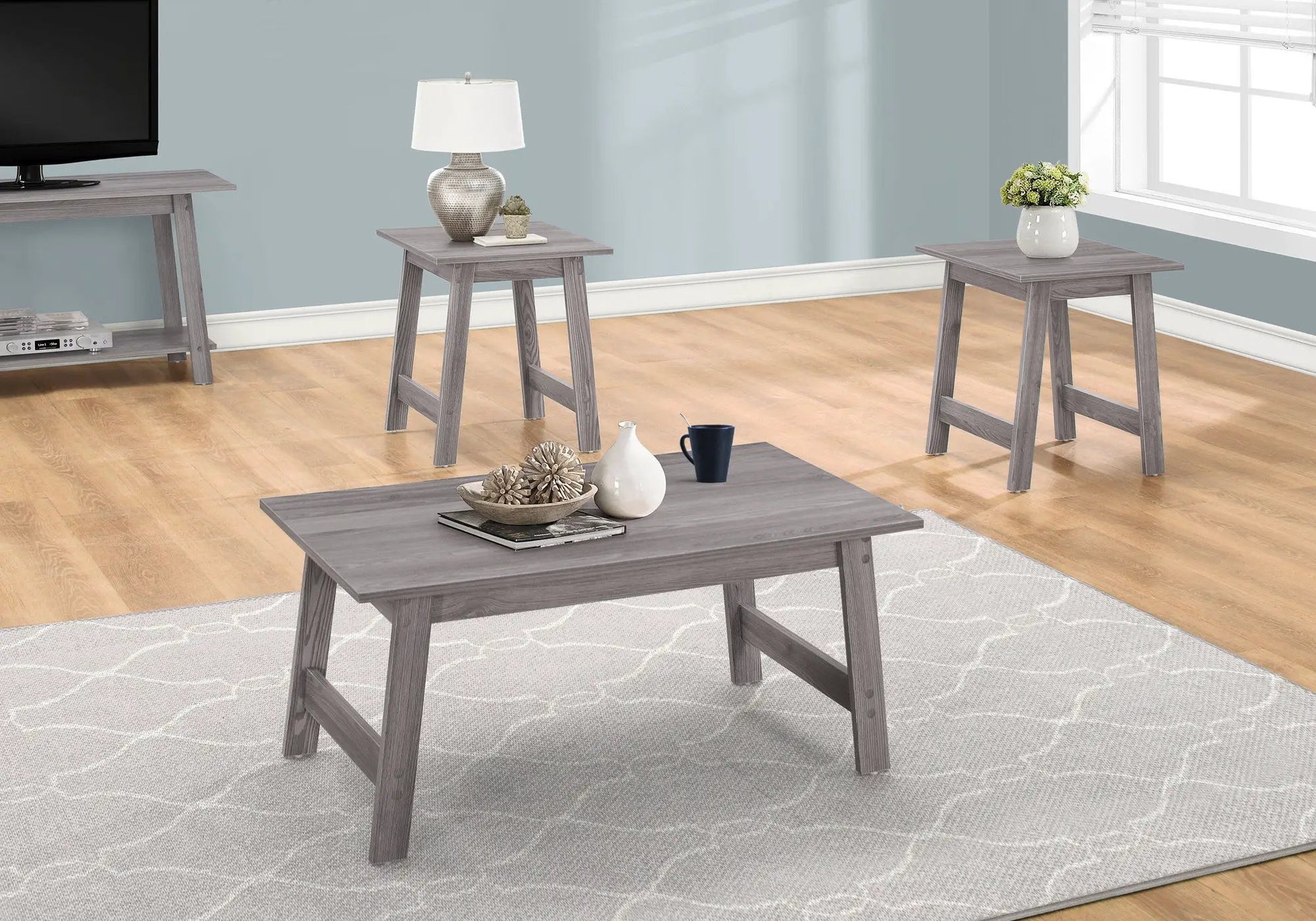 Table set of 3: gray wood coffee and end tables in transitional living room style on Tampa Home & Garden Store