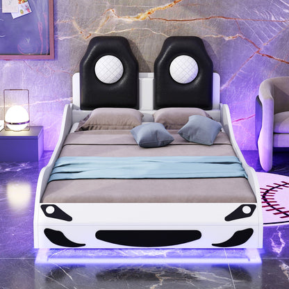 Race car shaped platform bed with LED lights and dual black upholstered backrests on Tampa Home & Garden Store