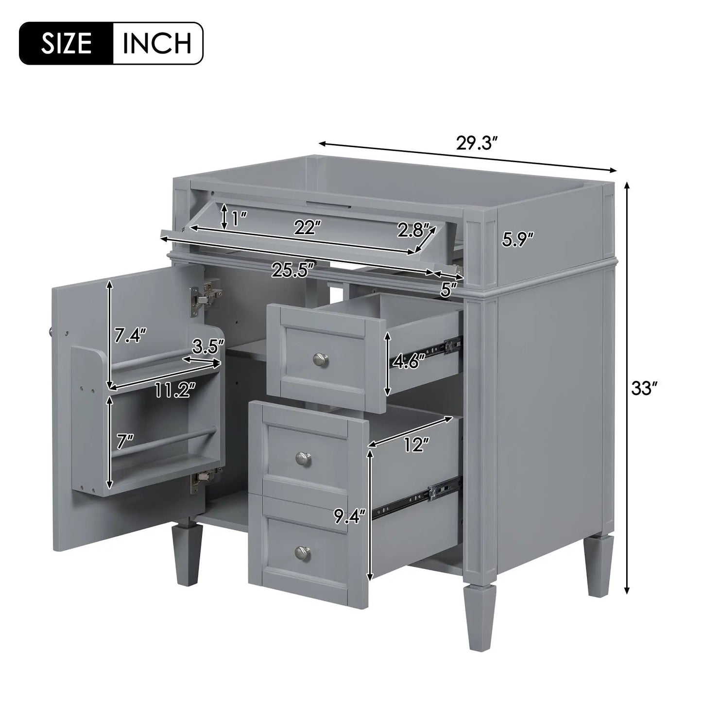 Gray bathroom vanity base with 2 drawers and tip-out storage cabinet by Unique Piece Furniture on Tampa Home & Garden Store