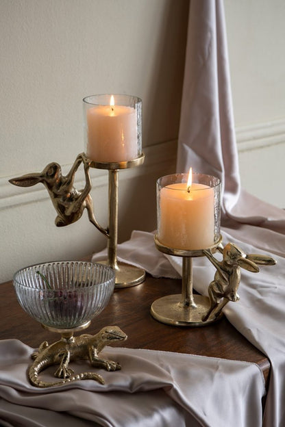Gold rabbit pillar candle holders 2-piece set with clear glass hurricane shades by HouseOfZazla on Tampa Home & Garden Store