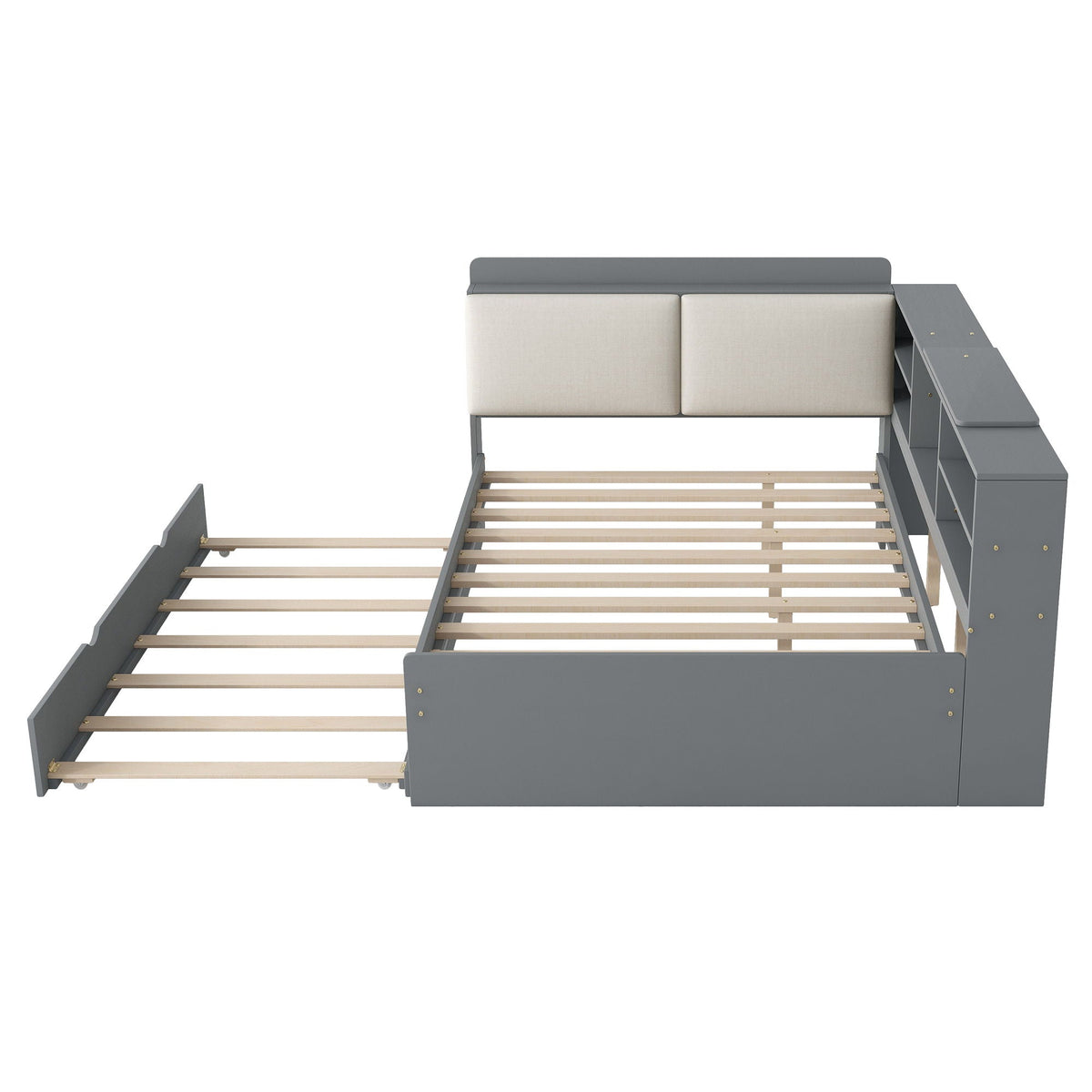 Platform bed gray frame with upholstered headboard and builtin storage shelves plus trundle on Tampa Home & Garden Store
