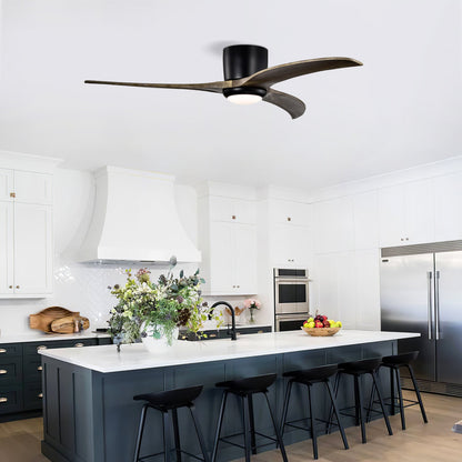Flush mount solid wood ceiling fan with light and remote by HouseOfZazla; dark wood blades on Tampa Home & Garden Store