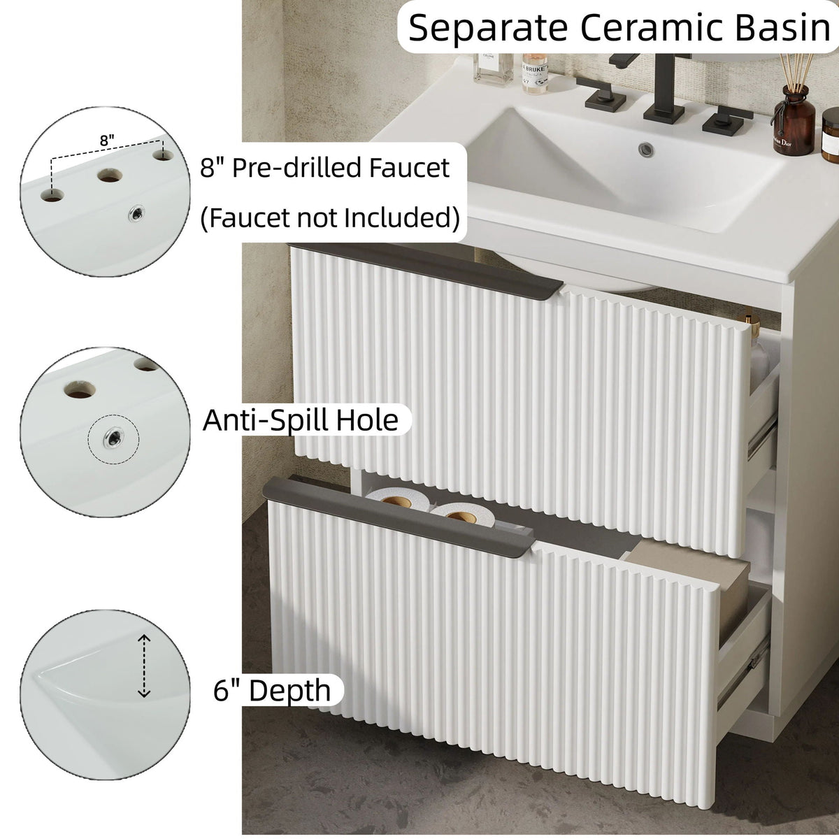 HouseOfZazla white fluted vanity with separate ceramic sink, 8in faucet holes, 6in depth on Tampa Home & Garden Store