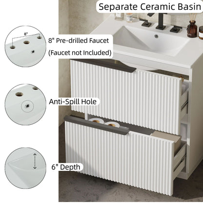 HouseOfZazla white fluted vanity with separate ceramic sink, 8in faucet holes, 6in depth on Tampa Home & Garden Store