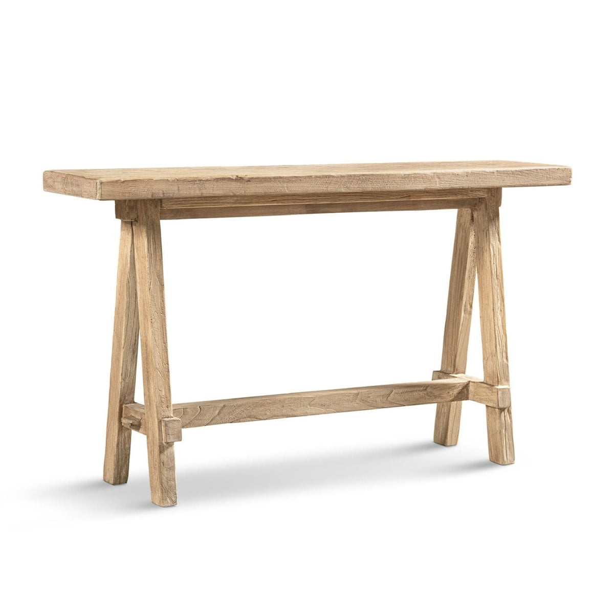 Trestle coffee table solid reclaimed elm with light brown finish and sawhorse legs HouseOfZazla on Tampa Home & Garden Store