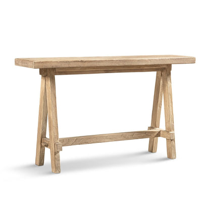 Trestle coffee table solid reclaimed elm with light brown finish and sawhorse legs HouseOfZazla on Tampa Home & Garden Store