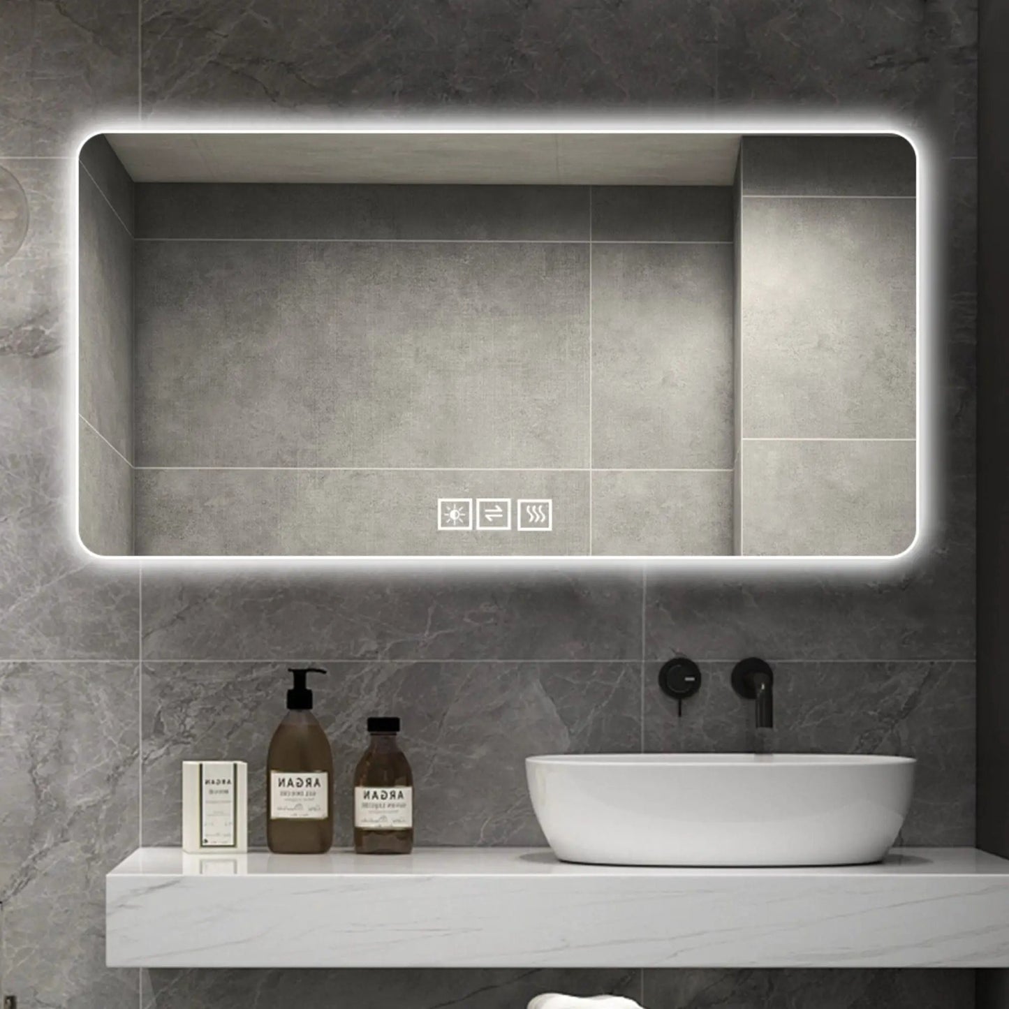 LED bathroom mirror with 3 color dimmable backlight, modern backlit edge in gray tile bathroom on Tampa Home & Garden Store