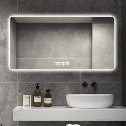 LED bathroom mirror with 3 color dimmable backlight, modern backlit edge in gray tile bathroom on Tampa Home & Garden Store