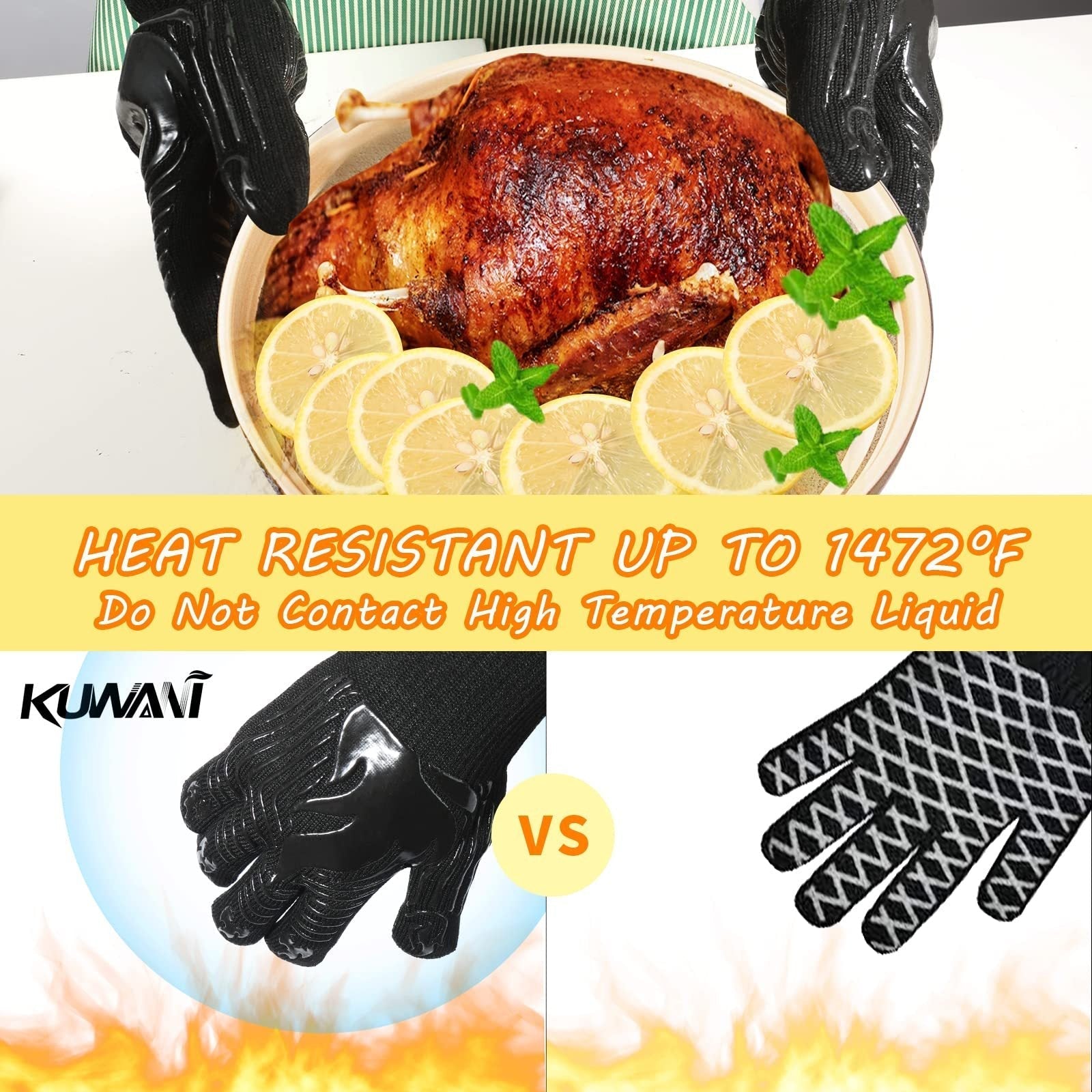 BBQ Gloves 1472°F heat resistant oven mitts, black silicone grip holding roasted turkey on Tampa Home & Garden Store