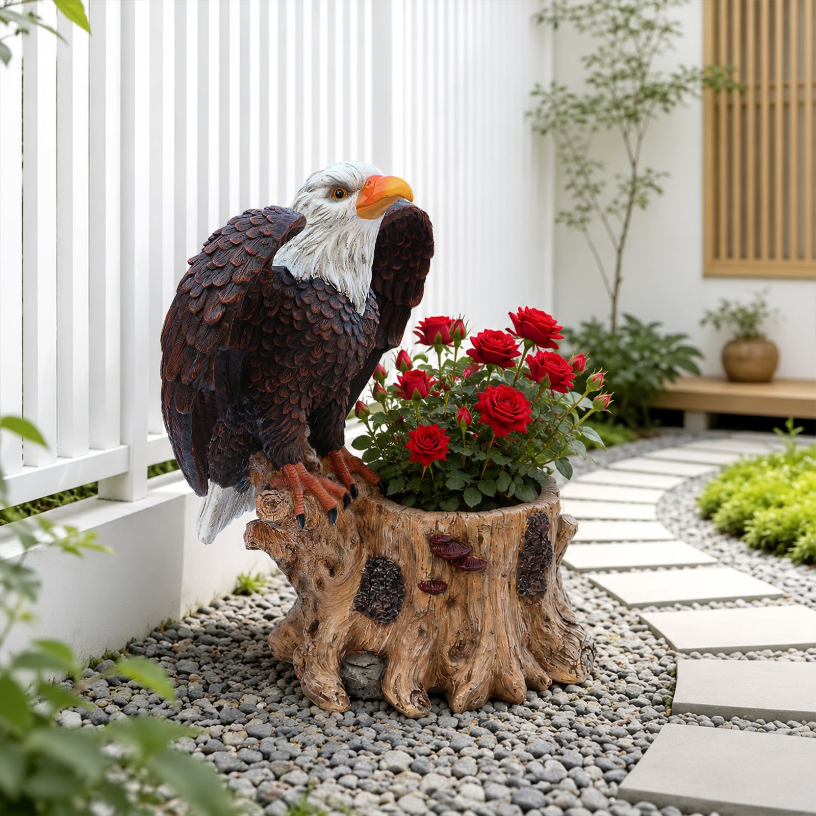 Majestic Eagle with Spread Wings Garden Planter Pot statue by HouseOfZazla with red roses on Tampa Home & Garden Store