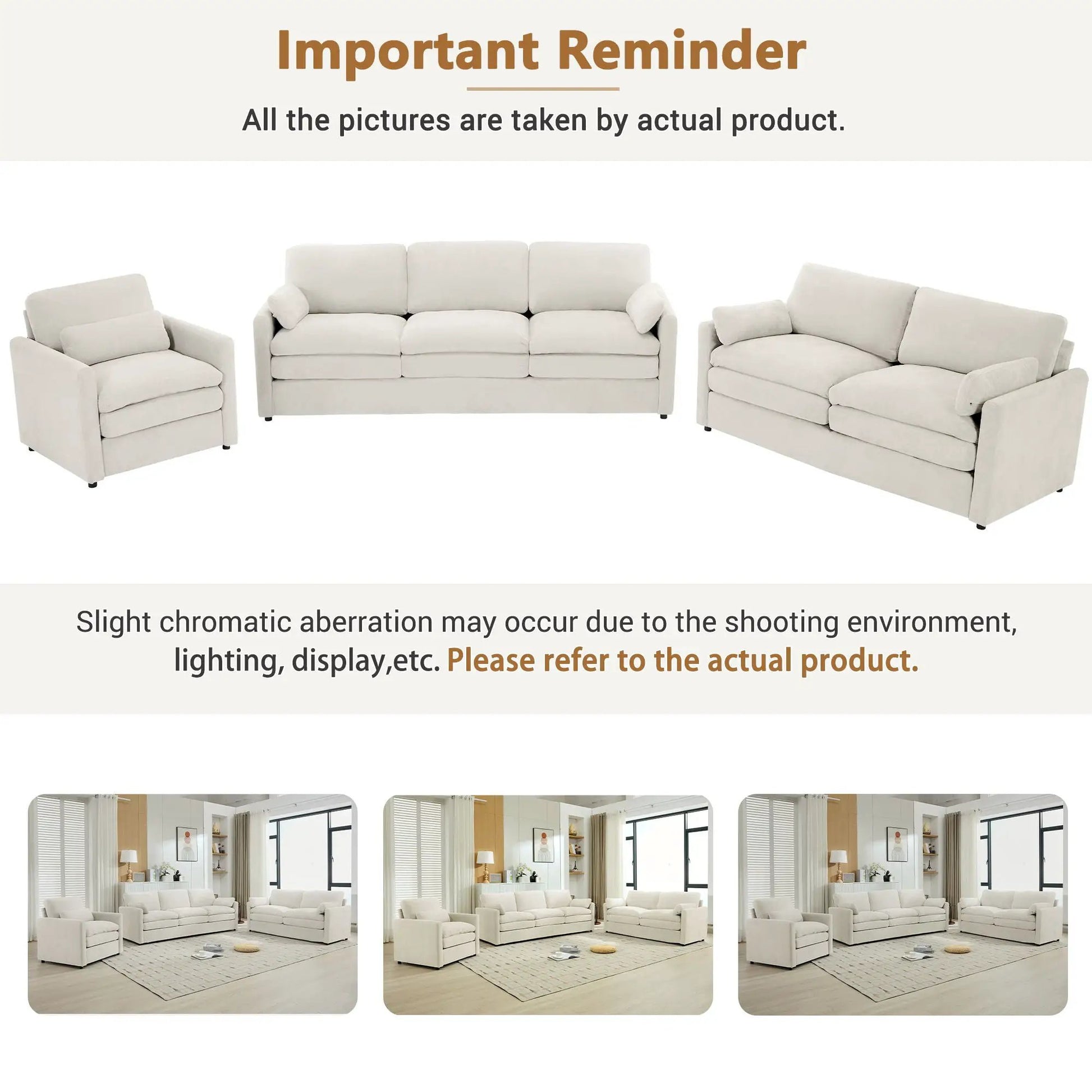 Cozy upholstered beige fabric 3-piece living room set with sofa and two chairs on Tampa Home & Garden Store
