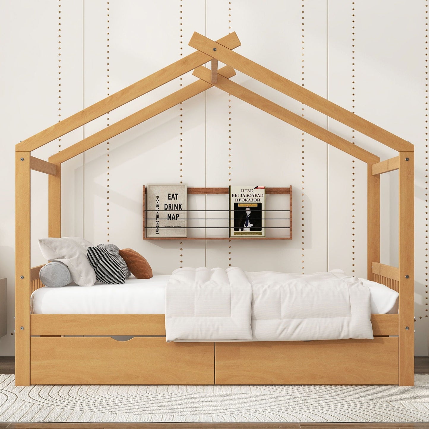 House Style Platform Bed with Roof Design, 2 drawers, natural wood on Tampa Home & Garden Store