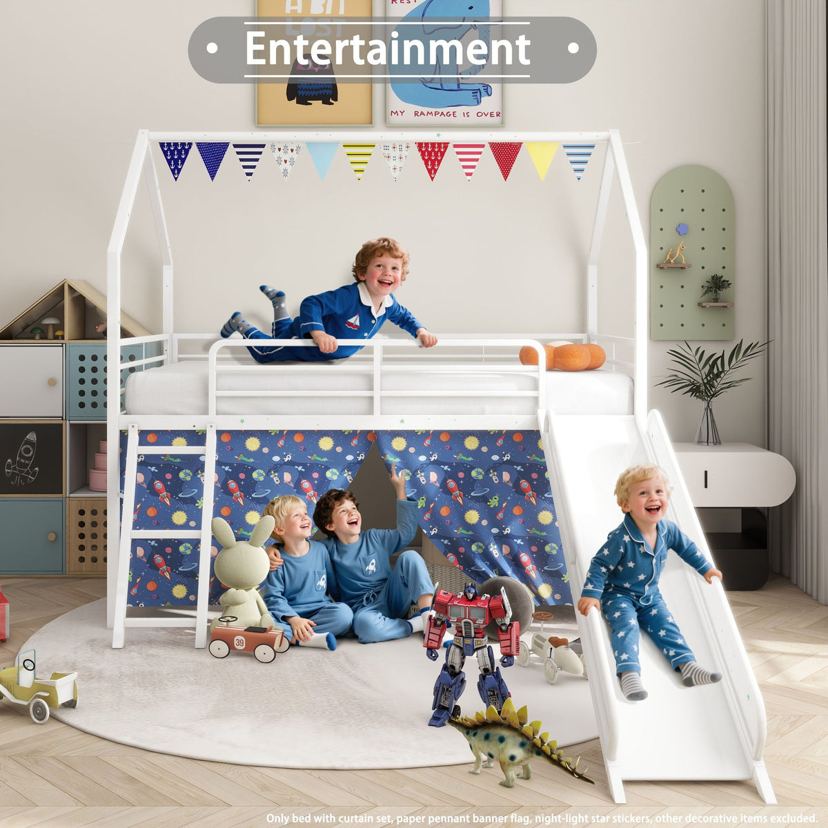 HouseOfZazla loft bed with slide and curtain set, white frame with space-themed fabric panels on Tampa Home & Garden Store
