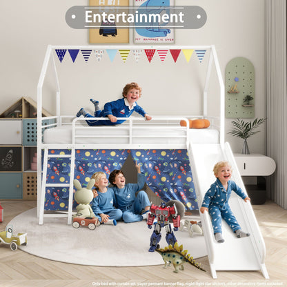 HouseOfZazla loft bed with slide and curtain set, white frame with space-themed fabric panels on Tampa Home & Garden Store