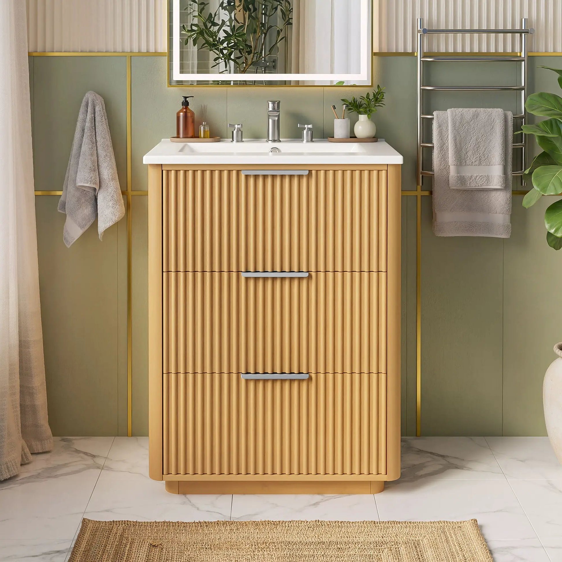 Bathroom vanity with sink in natural wood, white countertop, vertical slat cabinet on Tampa Home & Garden Store