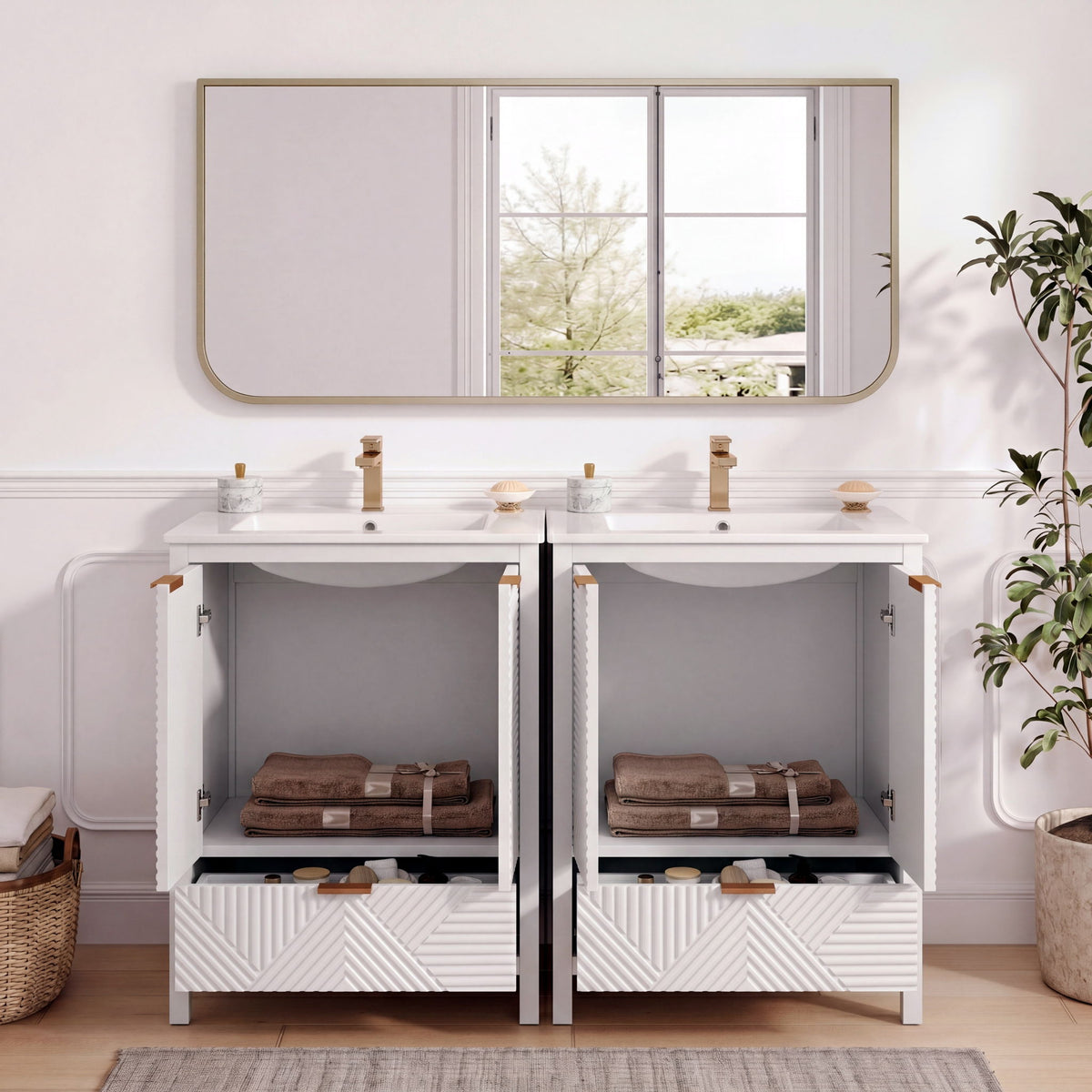 Double white vanity with two sinks, chevron-front drawers, and gold faucets beneath a mirror on Tampa Home & Garden Store