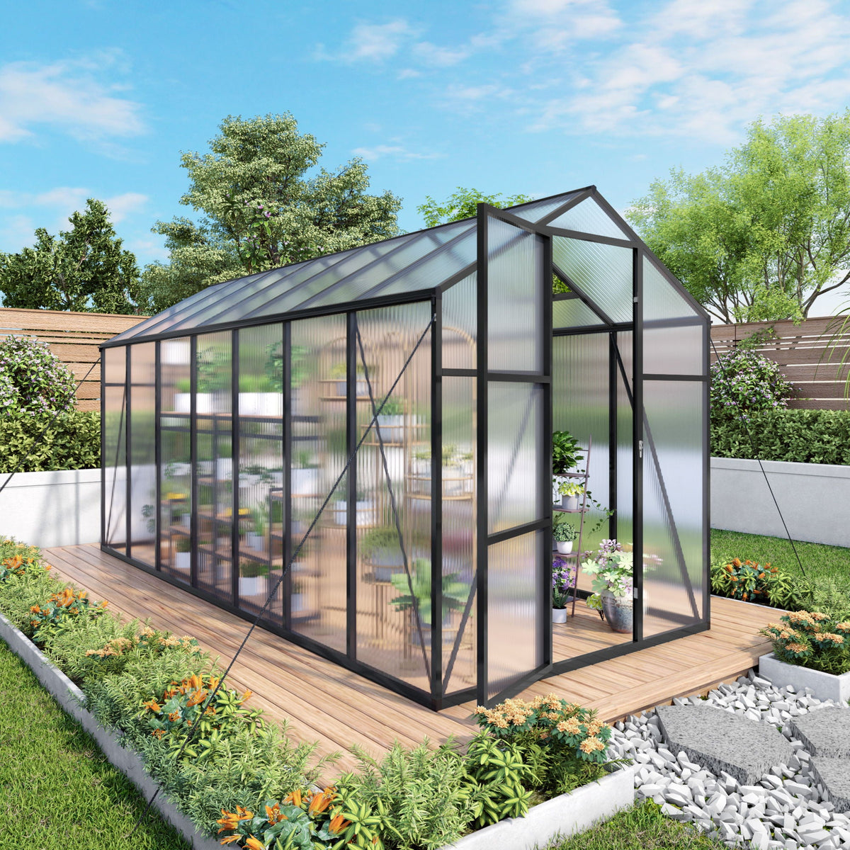 Windproof greenhouse with raised base, black frame and polycarbonate panels on Tampa Home & Garden Store