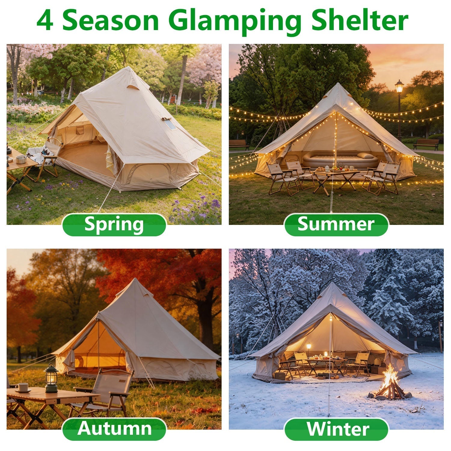 Oxford Bell Tent 13.1FT beige canvas pitched on spring lawn with cozy campsite setup on Tampa Home & Garden Store
Oxford Bell Tent 13.1FT beige canvas with string lights and outdoor dining on Tampa Home & Garden Store
Oxford Bell Tent 13.1FT beige canvas amid autumn foliage with cozy seating on Tampa Home & Garden Store
Oxford Bell Tent 13.1FT beige canvas in snowy yard with warm fire and seating on Tampa Home & Garden Store