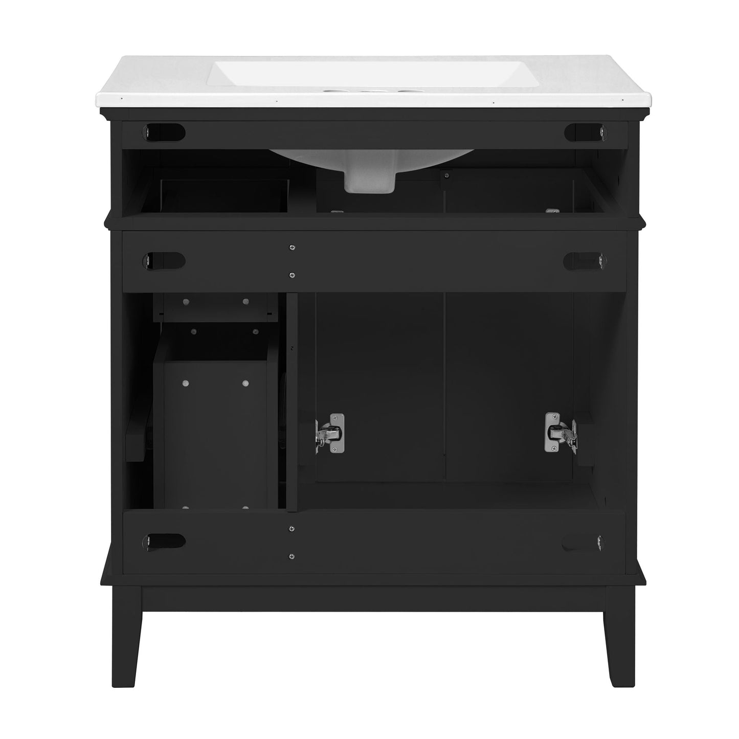 Modern bathroom vanity with white sink top and black storage cabinet, soft-close drawers on Tampa Home & Garden Store
